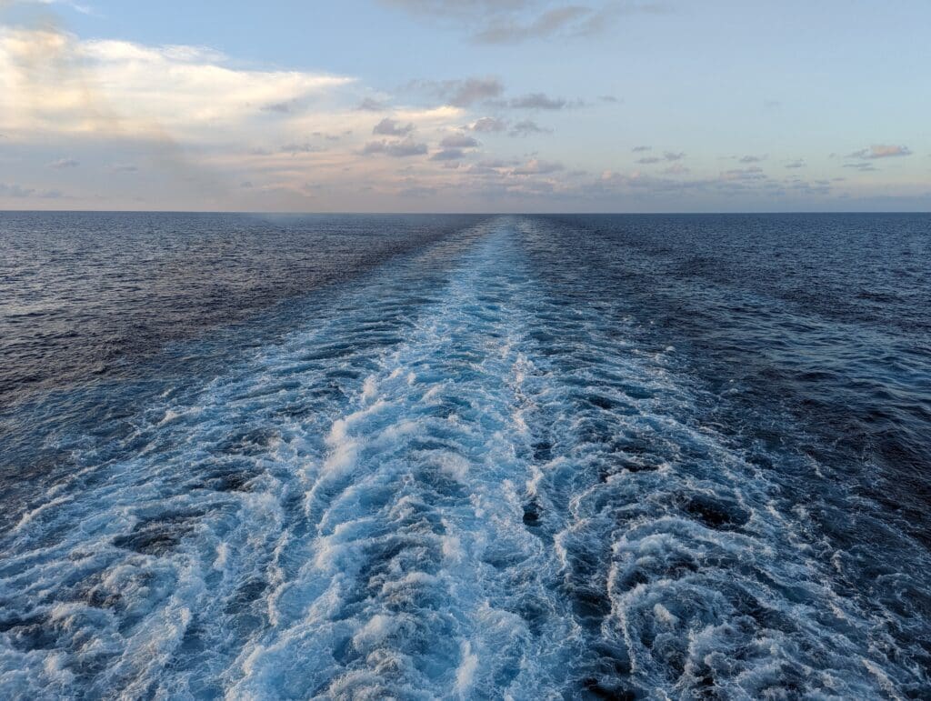 The wake as viewed from the back of a large ship.