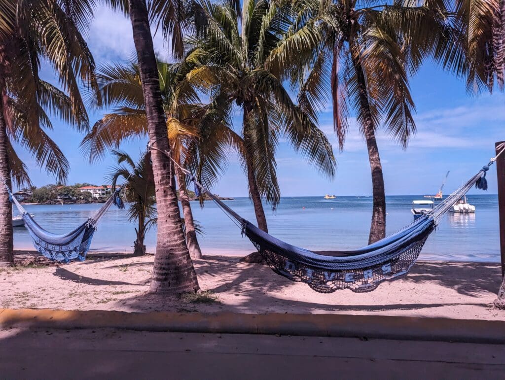 Hammocks on a tropical beach.