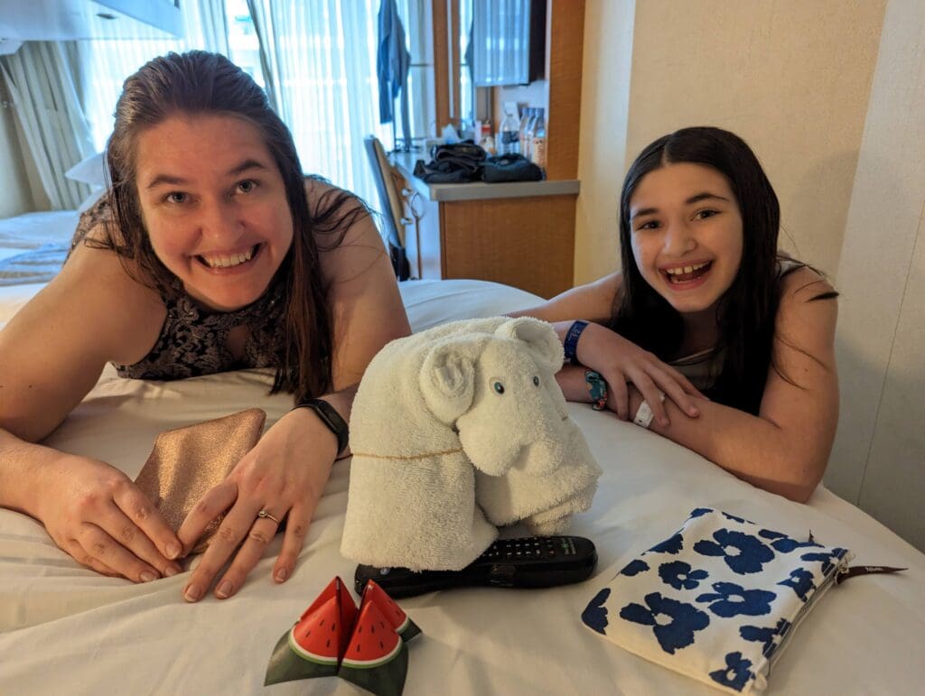 My daughter and me, dressed for dinner with big smiles.