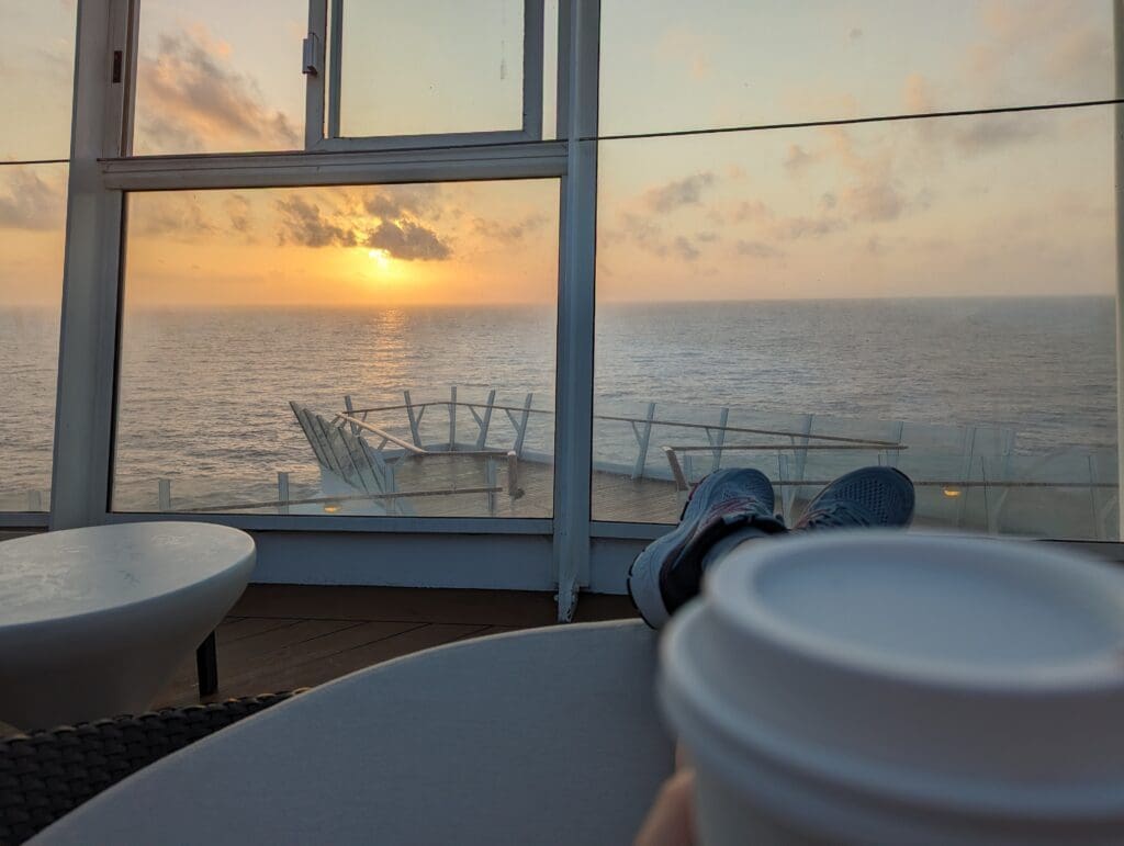 A beautiful sunset view with coffee from the Solarium is the perfect start to a sea day.
